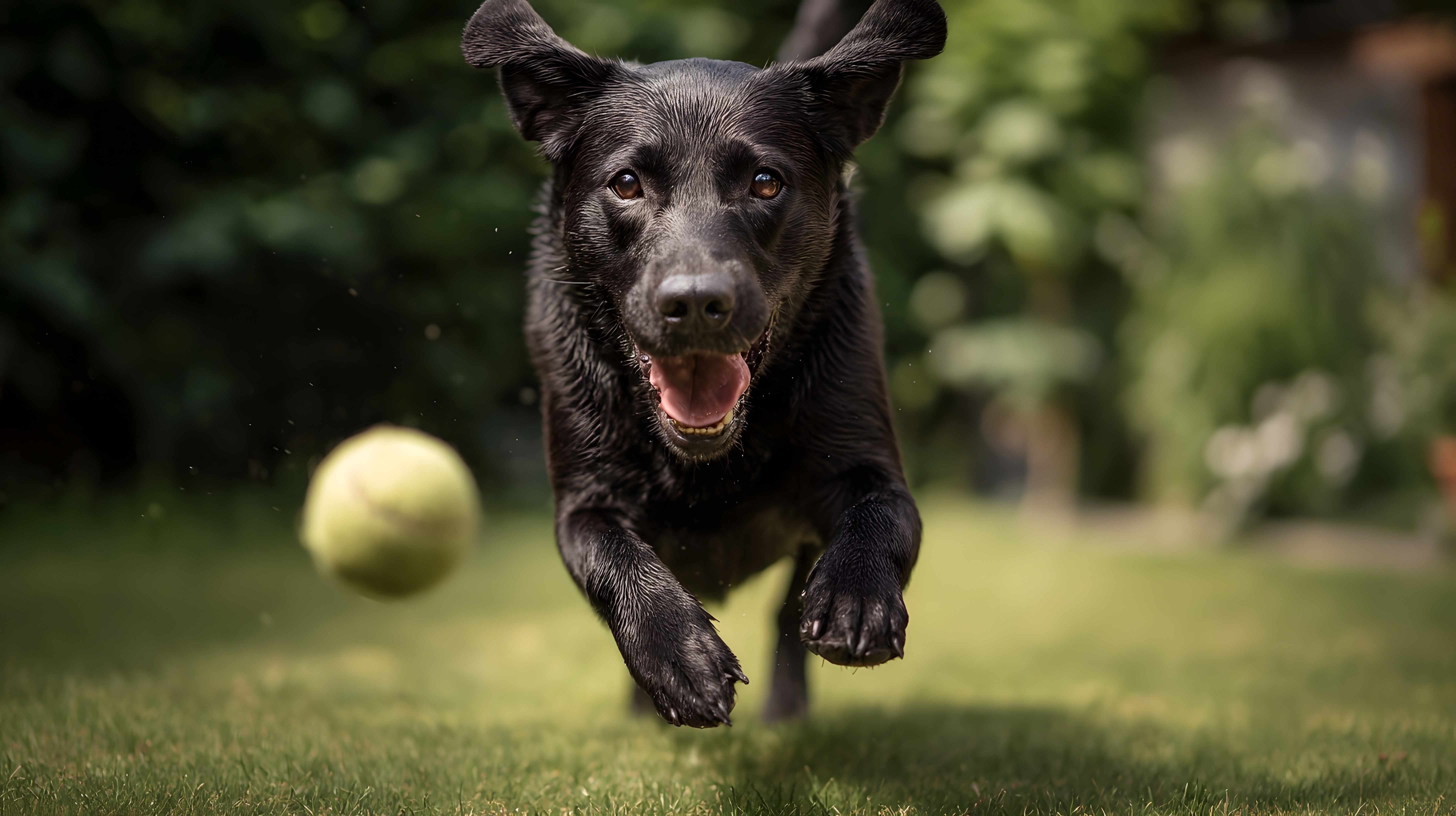 A black Labrador mix launches full speed across a green lawn, eyes locked on a tennis ball in a pure display of focus and drive. Fetch is one of the most accessible forms of mental stimulation for dogs — it combines physical exercise with the kind of problem-solving and prey-drive engagement that keeps dogs mentally sharp. 