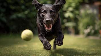 A black Labrador mix launches full speed across a green lawn, eyes locked on a tennis ball in a pure display of focus and drive. Fetch is one of the most accessible forms of mental stimulation for dogs — it combines physical exercise with the kind of problem-solving and prey-drive engagement that keeps dogs mentally sharp. 