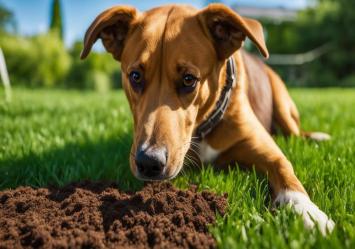 Dog digging in the grass, a behavior often associated with the signs of worms in dogs.