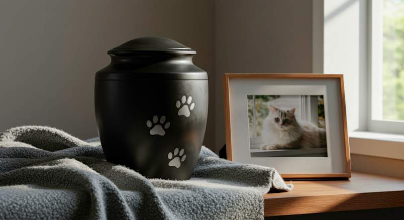 A sleek black cremation urn adorned with delicate silver paw prints rests gently on a soft gray blanket beside a wooden-framed photograph of a beautiful Ragdoll cat with striking blue eyes. 