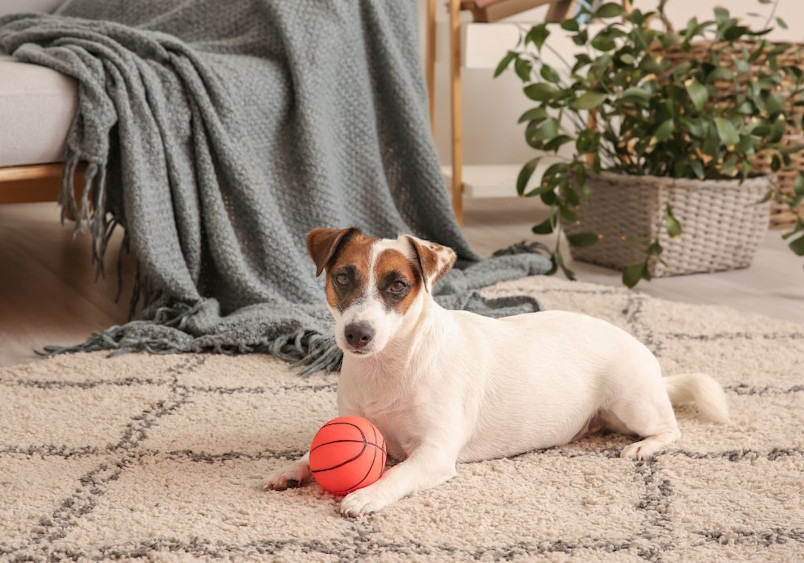 A white and brown Jack Russell Terrier lies relaxed on a patterned carpet in a cozy home setting with a gray throw blanket and houseplant in the background, demonstrating the breed's playful nature as it rests beside a small red basketball toy.