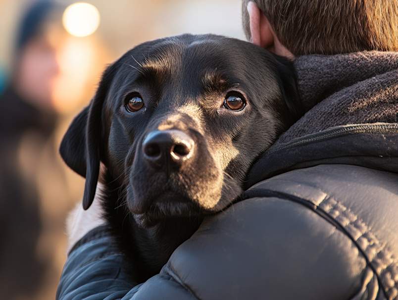  black Labrador with dog anxiety clings to its owner's shoulder in a crowded setting, demonstrating how some dogs seek comfort from their pet parents when managing anxiety in specific situations like public outings or unfamiliar environments.
