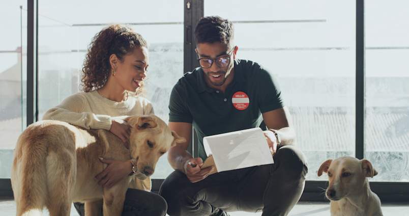 A couple reviews adoption paperwork at a shelter while meeting dogs, including a friendly large mixed breed—an important step in dog ownership when choosing one of the best big dogs for your home and lifestyle.