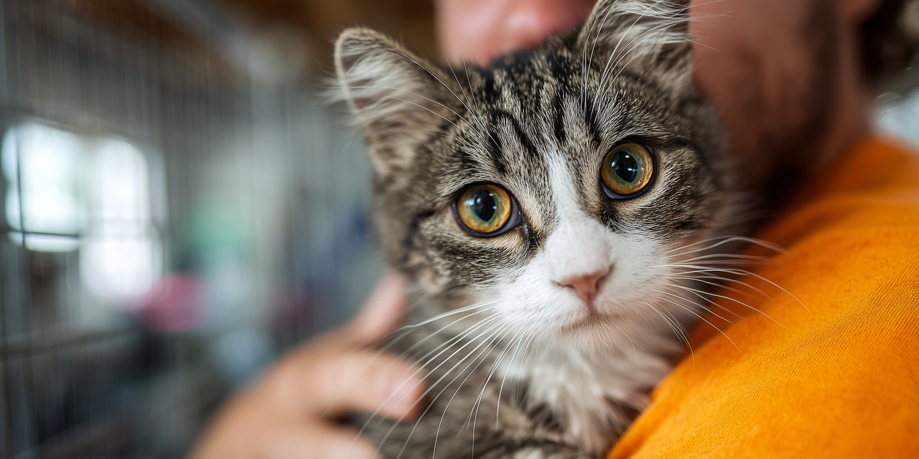 A tabby cat with wide, alert eyes is held against its owner's shoulder, showing a tense expression that many pet parents recognize. If you've ever wondered, "Why doesn't my cat like to be held?" this look says it all — flattened ears, a rigid body, and watchful eyes are common signs that a cat is uncomfortable being picked up. 