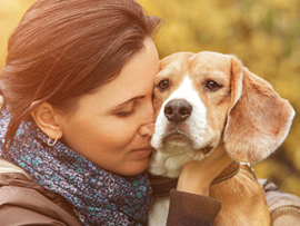 woman cuddling with Beagle