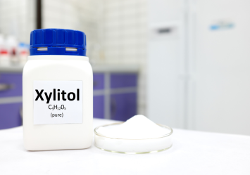 A container labeled Xylitol next to a small dish of white powder, highlighting the dangers of xylitol toxicity in dogs and the question of how much xylitol can kill a dog or cause xylitol poisoning symptoms.