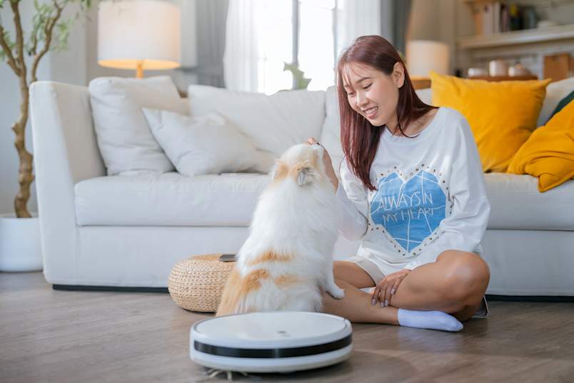 A smiling woman sits cross-legged on her living room floor, gently scratching her white-and-orange Pomeranian under the chin while a robot vacuum works nearby — a smart, practical example of how to deal with dog allergies without giving up the companionship you love