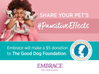 Happy woman holding two puppies. Embrace will make a $5 donation to the Good Dog Foundation.