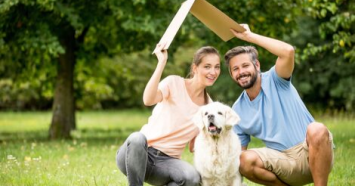 goldenretrieverandcoupleunderroof