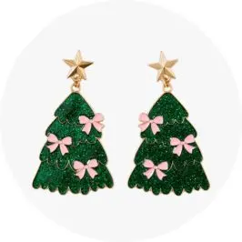 Christmas Bow Christmas Tree Earrings - Green, Pink and Gold Tone