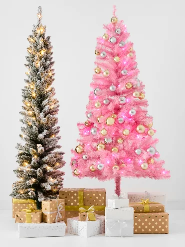 Flocked Slim Prelit Christmas Tree and Pink Prelit Christmas 