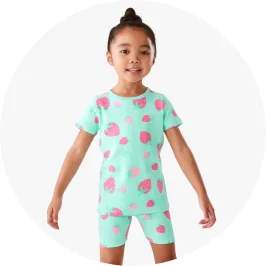 Young Girl Wearing Strawberry Print Green Colour Short Sleeve Skinny Rib Knit Pyjama