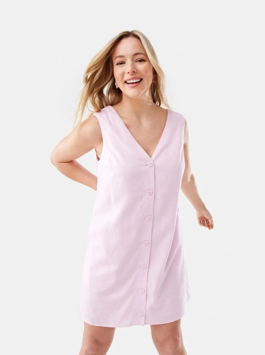 Sleeveless V-neck Linen Blend Button Mini D