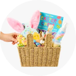 Basket filled with Easter treats and g