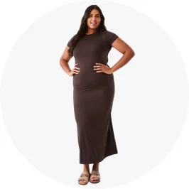 a women in a brown fitted maxi d