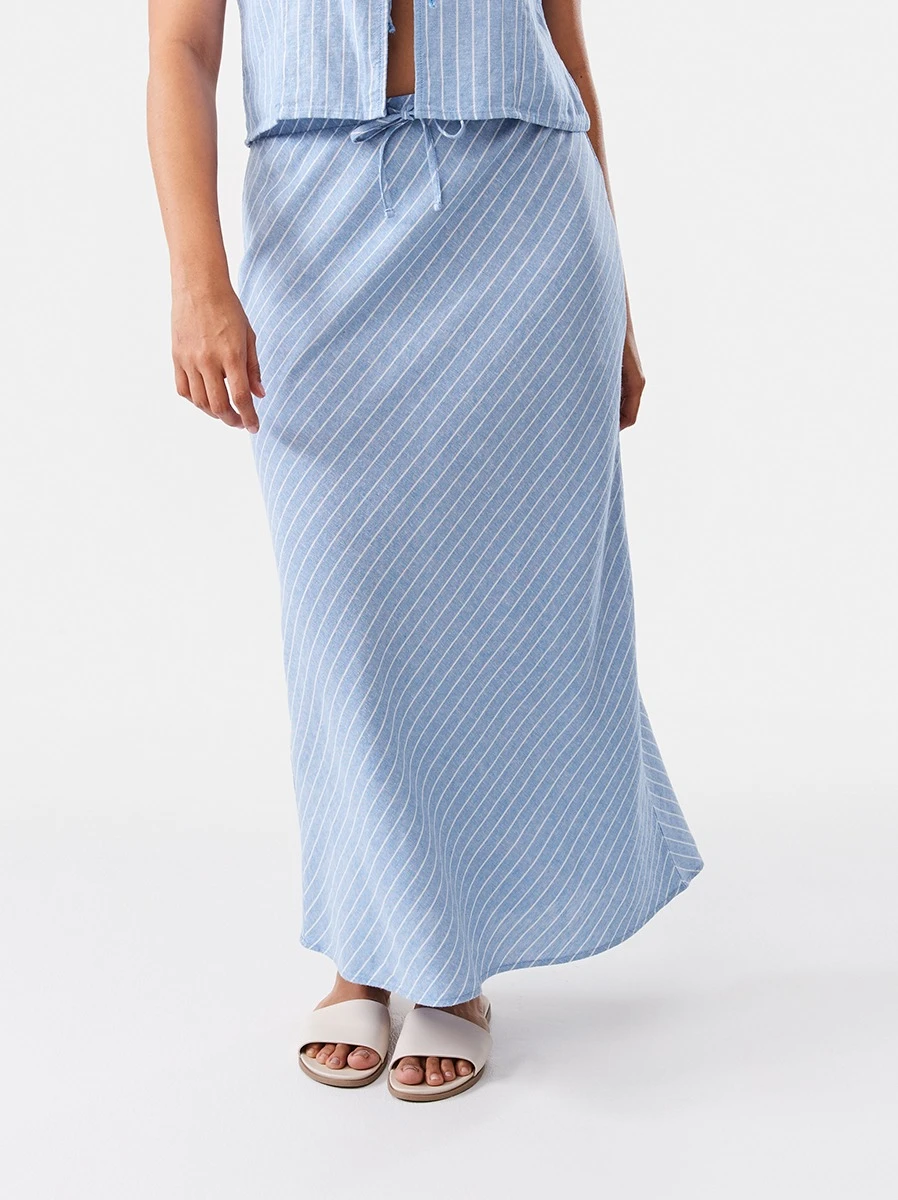 Linen Blend Maxi Skirt Blue 