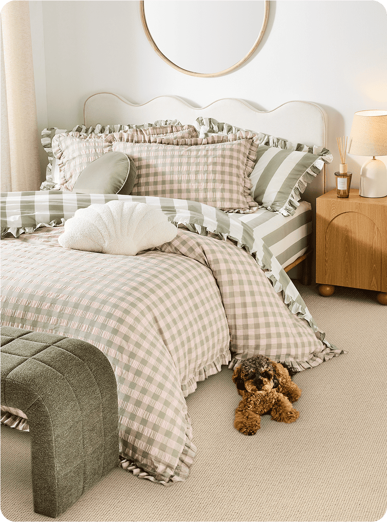 Gingham Ruffle Cotton Quilt Cover Set - Queen Bed, Sage and Pink bedroom set-up