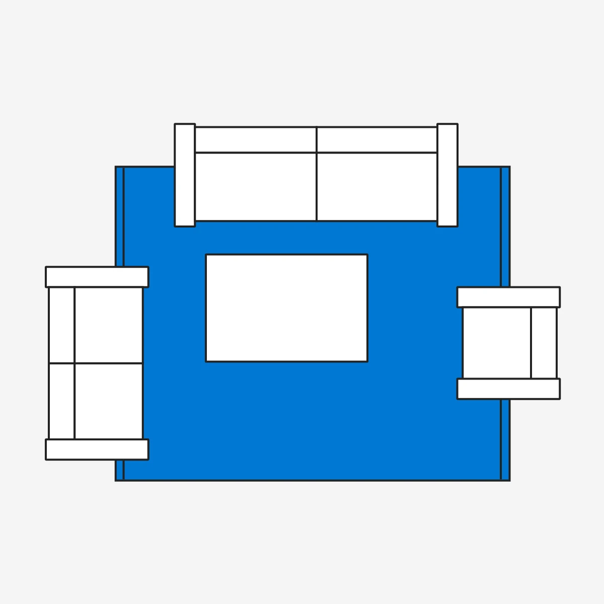 Art representation of laying out rug in a living room with 2x Two-seater sofa + Armchair