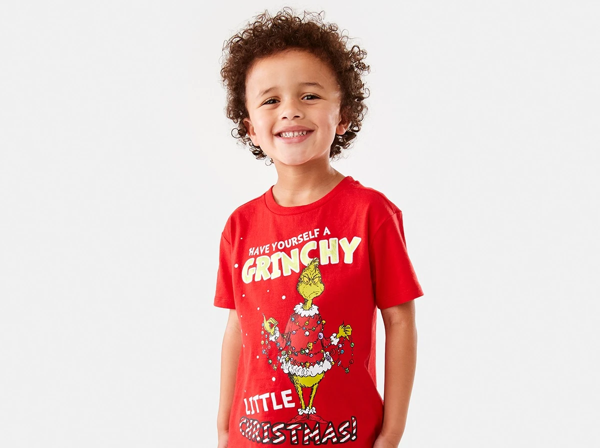 Boy Wearing The Grinch License Family Christmas T-s