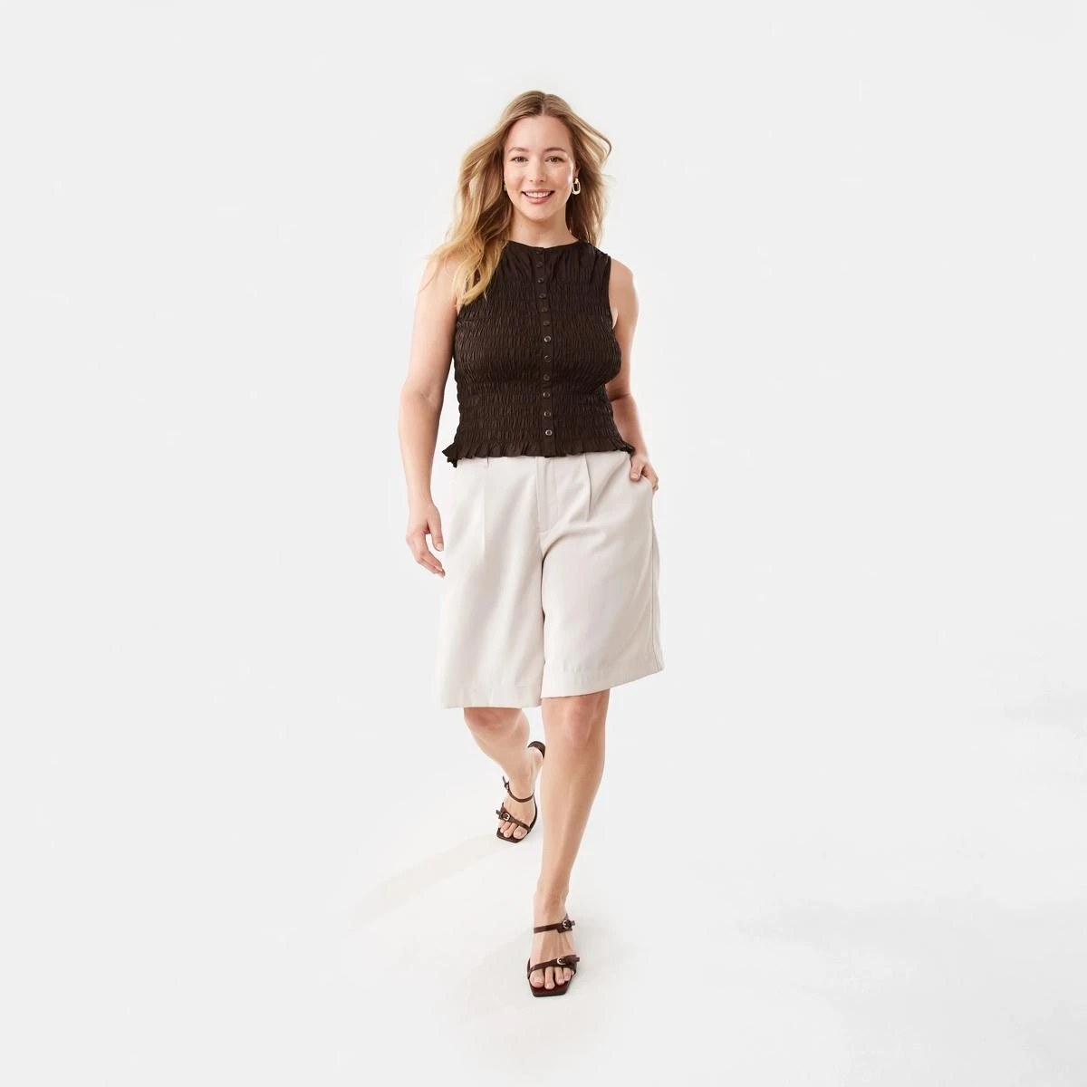 Sleeveless Shirred Button Through Top
