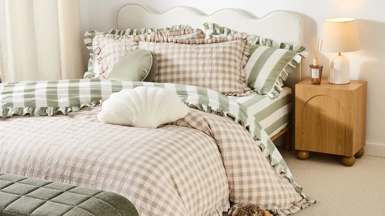 Gingham Ruffle Cotton Quilt Cover Set - Queen Bed, Sage and Pink bedroom set-up