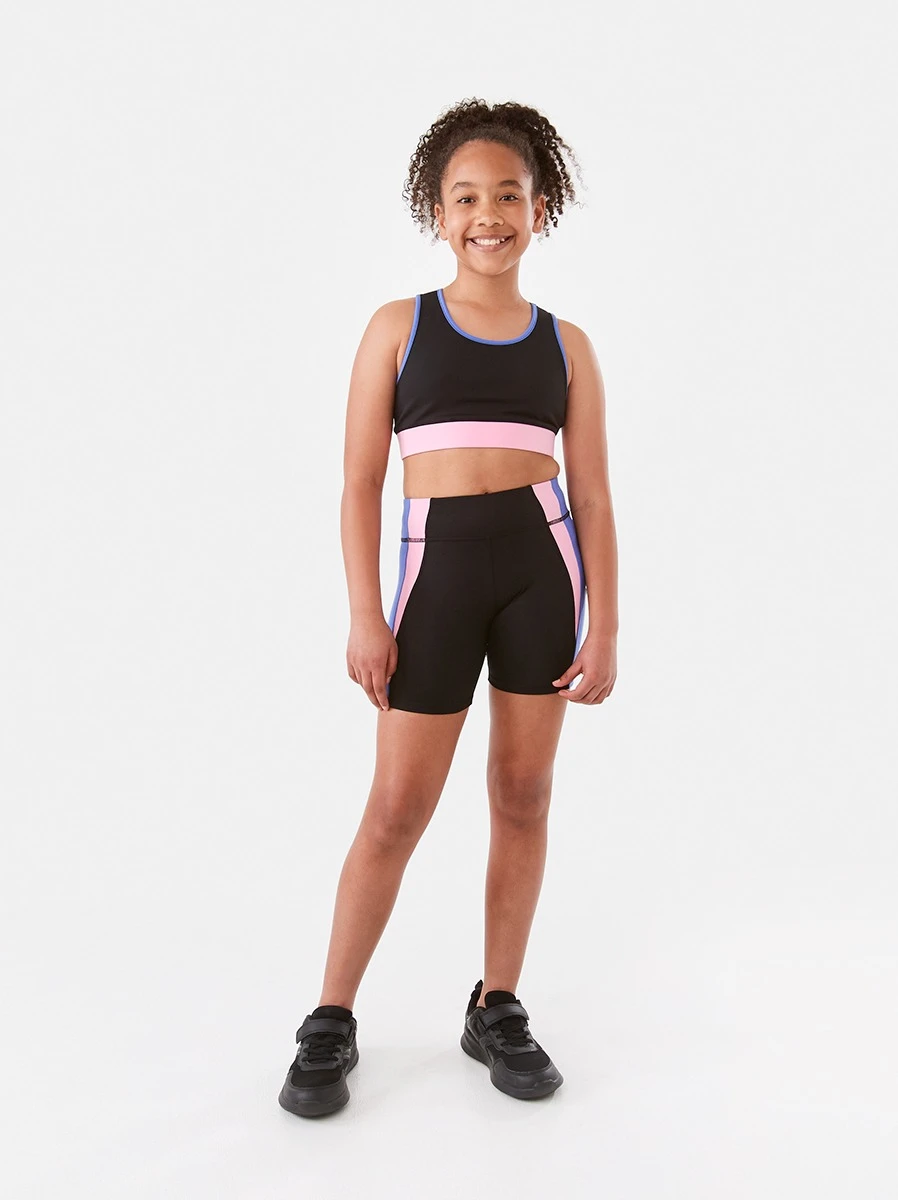 Girl Wearing Multi Colour Active Kids Printed Crop Top and Matching Sh