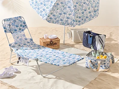 Beach Essentials from Beach side chair to Rattan Picnic Set, 24 can palm print cooler bag and more