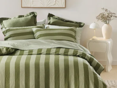 Stripe Linen Cotton Quilt Cover Set - King Bed, Green