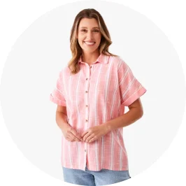 Woman Wearing Pink & White Stripes Short Sleeve Relaxed S