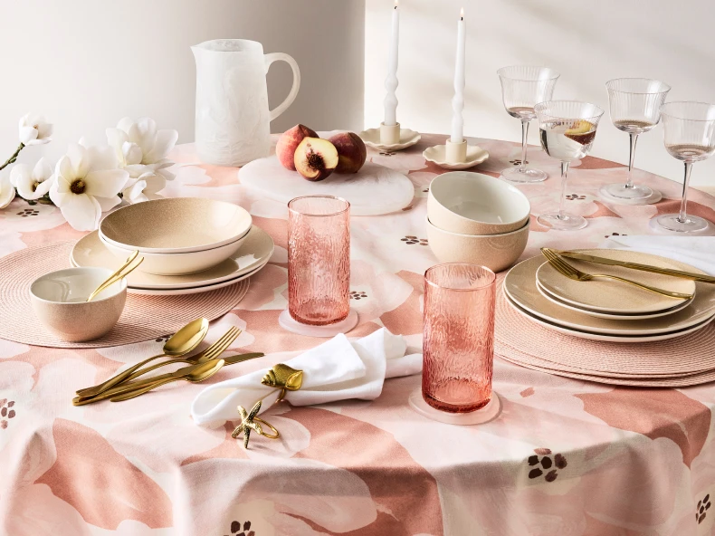 Terra Glazed dinnerware set on dining table with Pink Molten Hiball Glasses