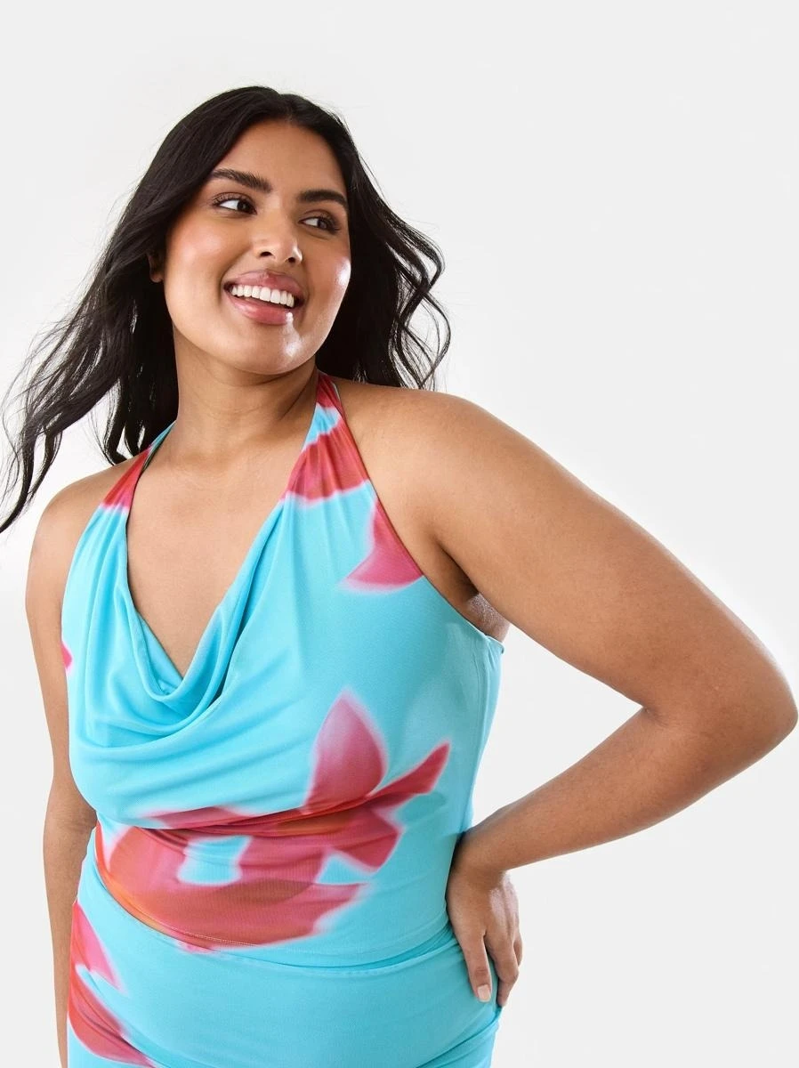 Sleeveless Mesh Cowl Halter