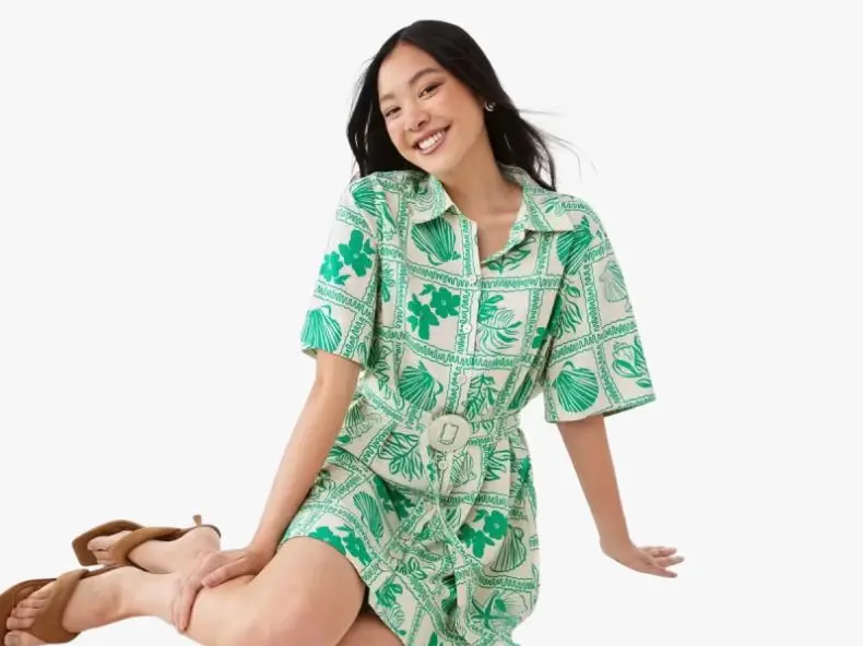 Woman Wearing Short Sleeve Belted Mini Shirt Dress