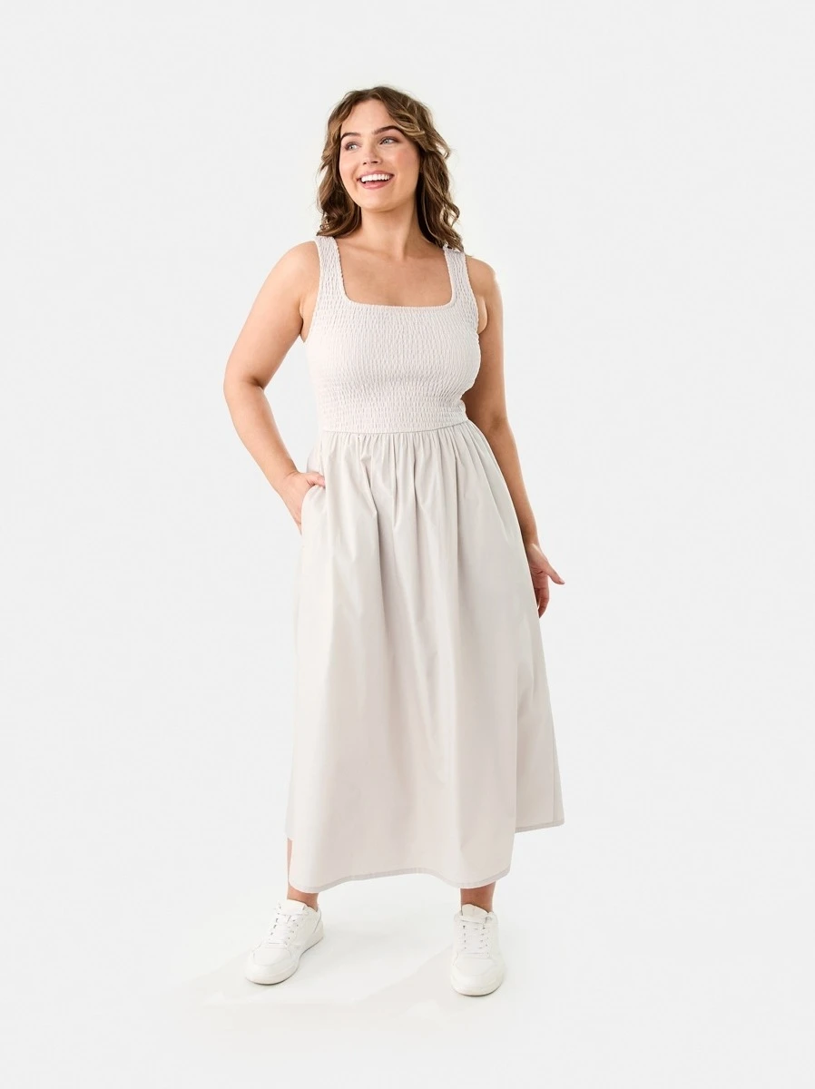 Sleeveless Shirred Knit Woven Midi D