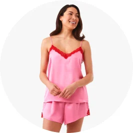 Woman Wearing Pink Colour Lace Trim Cami and Shorts Pyjama