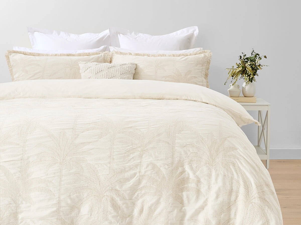 Palm Cotton Linen Quilt Cover Set - Queen Bed, Beige