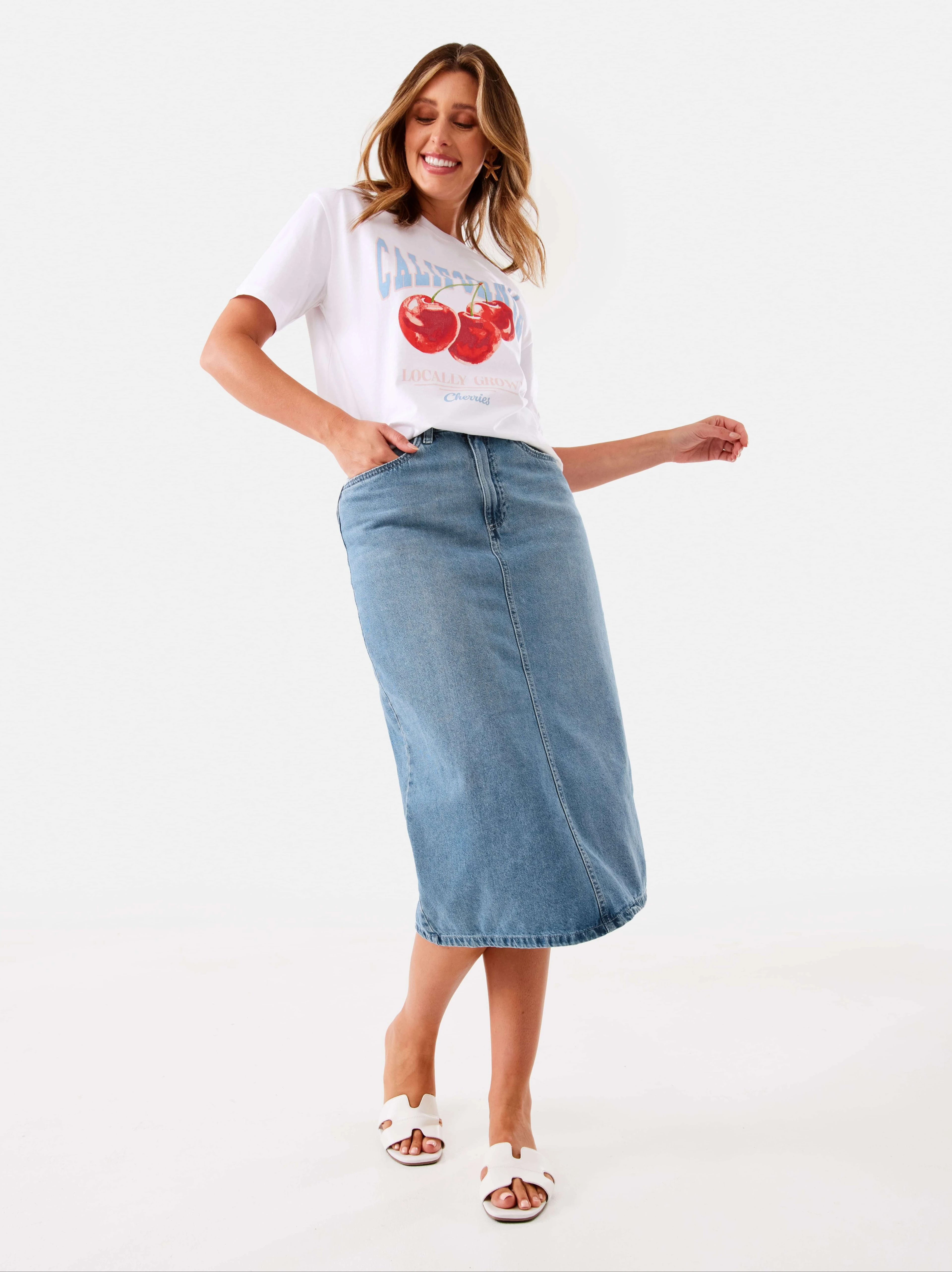 Woman Wearing Denim Midi Skirt and White T-S