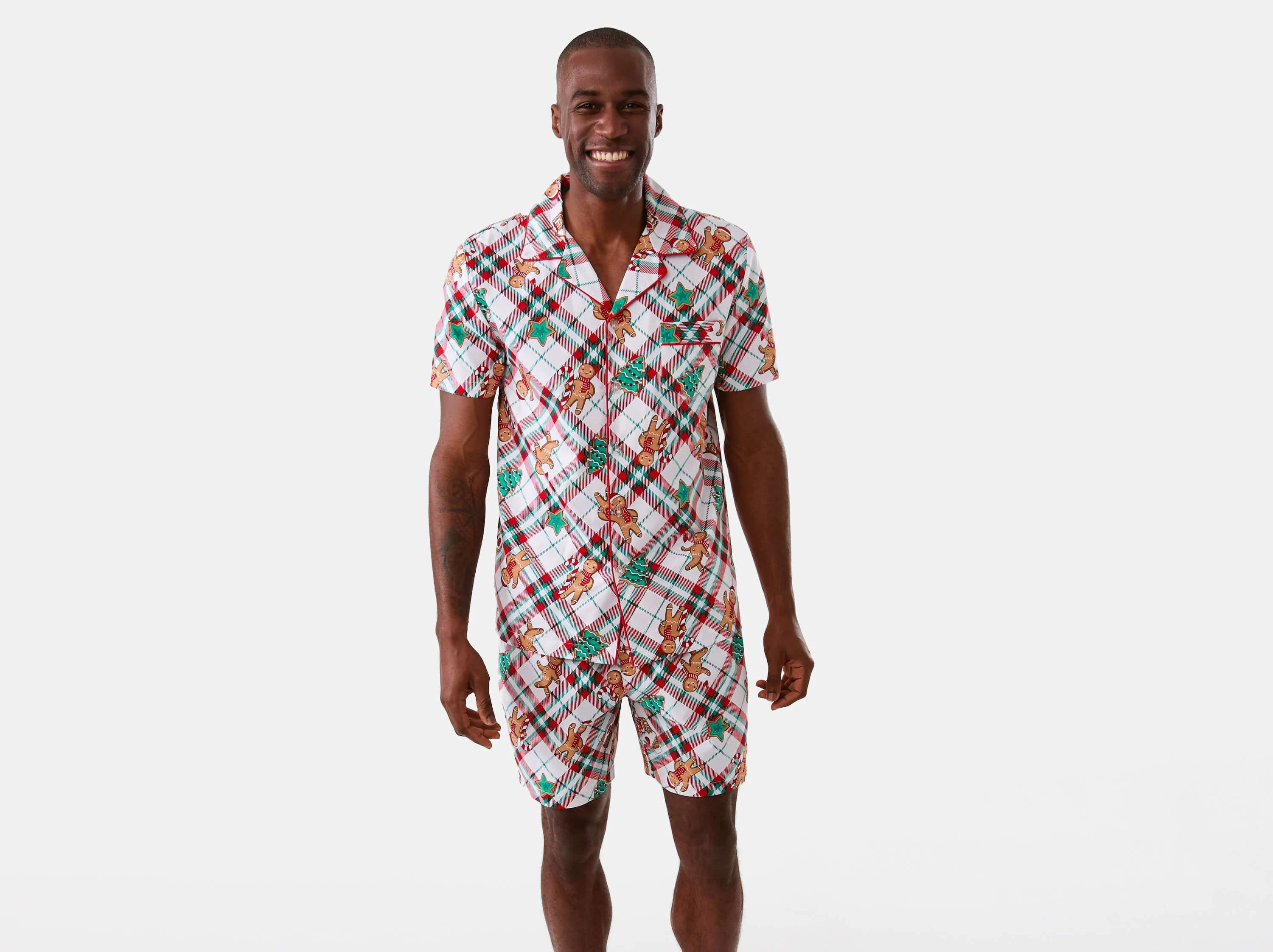 Man Wearing Christmas Short Sleeve Button Through Woven Family Matching Pyjama