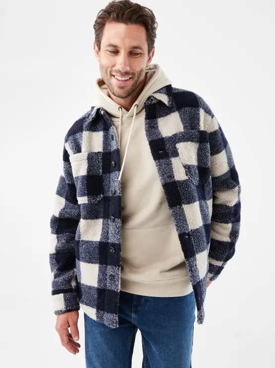 man wearing a hoodie and a fleece check sha
