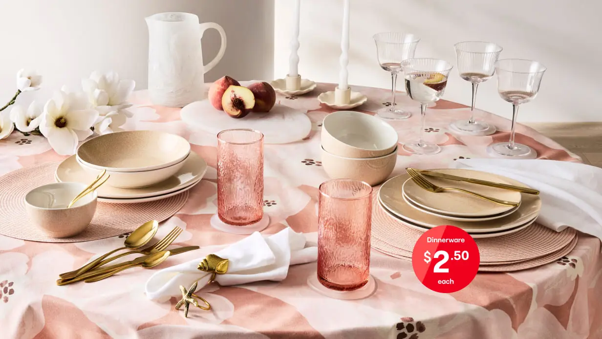 Dining table set up with dinnerware set assortment with $2.50 price roundel