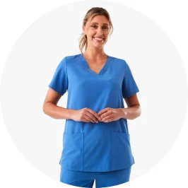 Female Talent Wearing Blue Workwear Short Sleeve Scrub