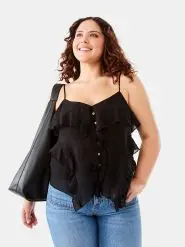 Woman Wearing Black Sleeveless Ruffle Cami