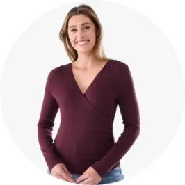 Womens Long Sleeve Ruched Wrap Top- Burg