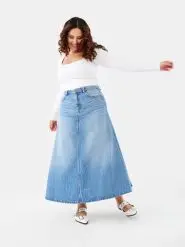 Woman Wearing Denim A-Line Maxi Skirt