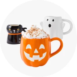 Assortment of different themed Halloween mugs; Orange pumpkin, Ghost and Cat th