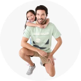 Father and daughter talent dual shot with the Father talent wearing a green coloured printed t-s