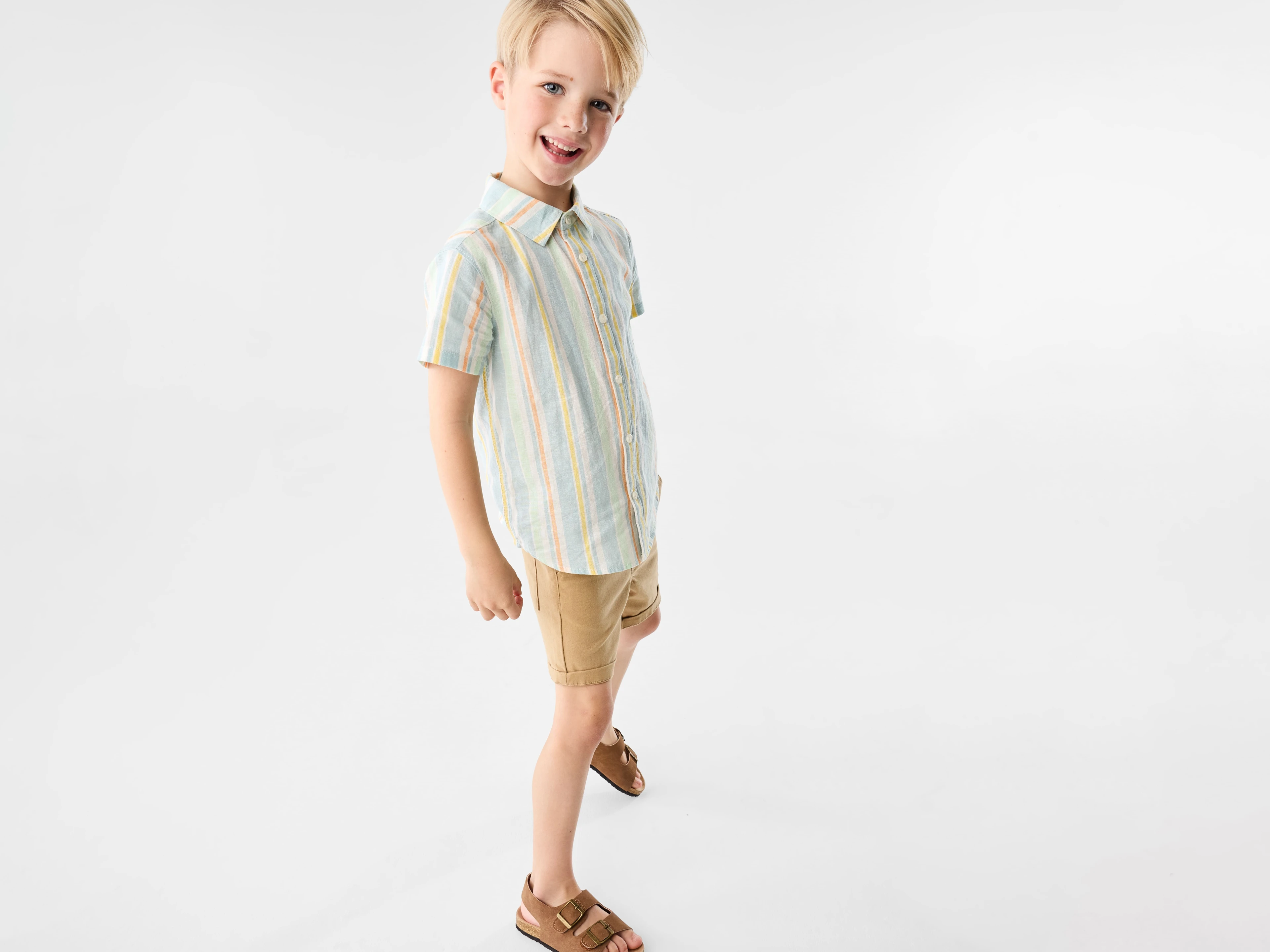 Boy wearing Multi Striped Linen Blend Printed Shirt