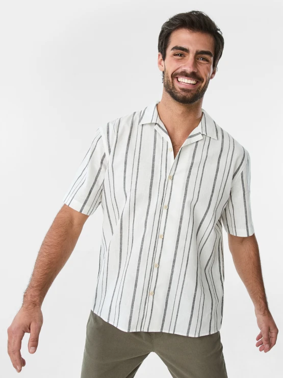 Mens Short Sleeve Cotton Linen Stripe S