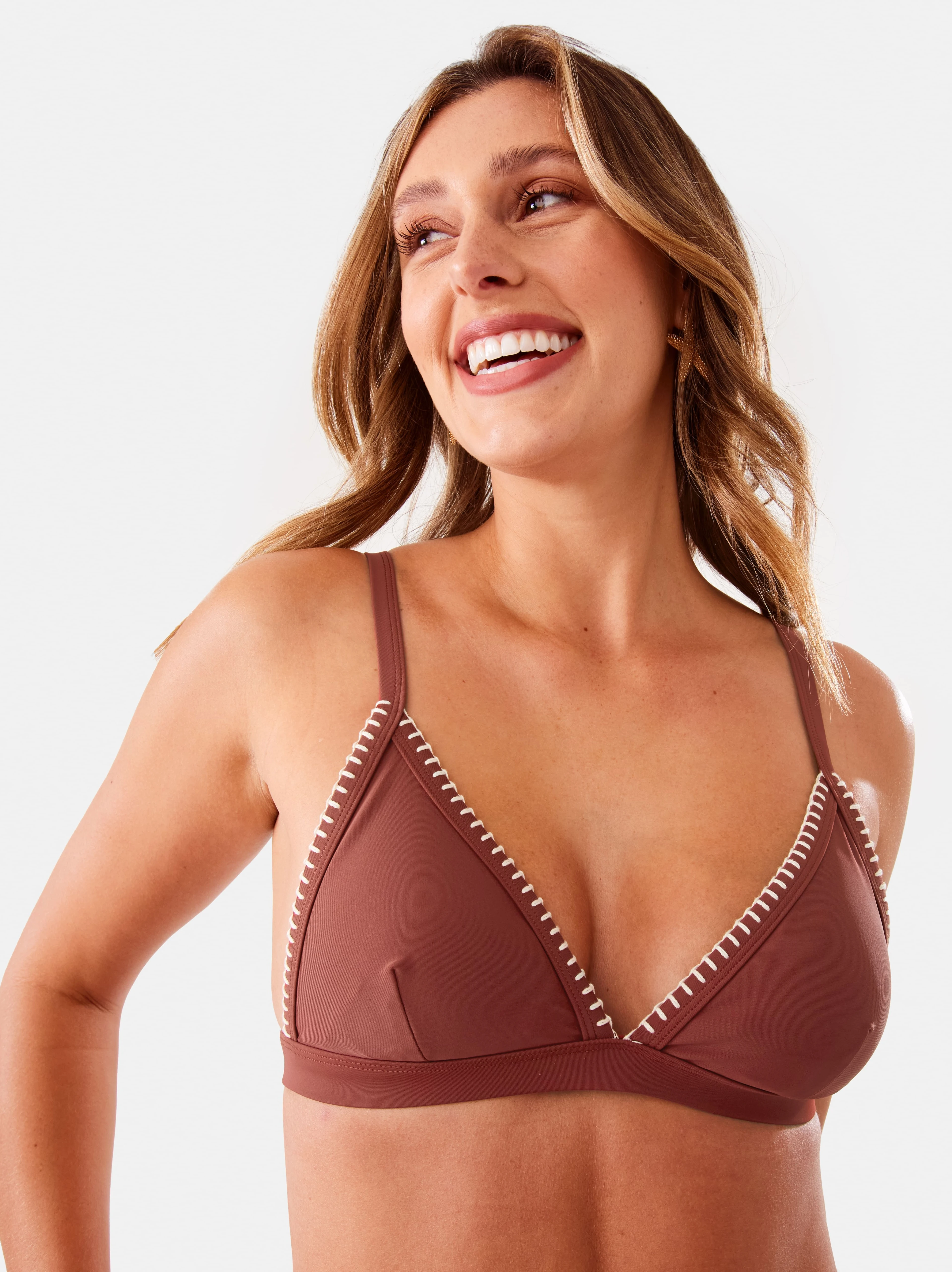 Woman Wearing Crafted Cross Back Triangle Bikini Top Co