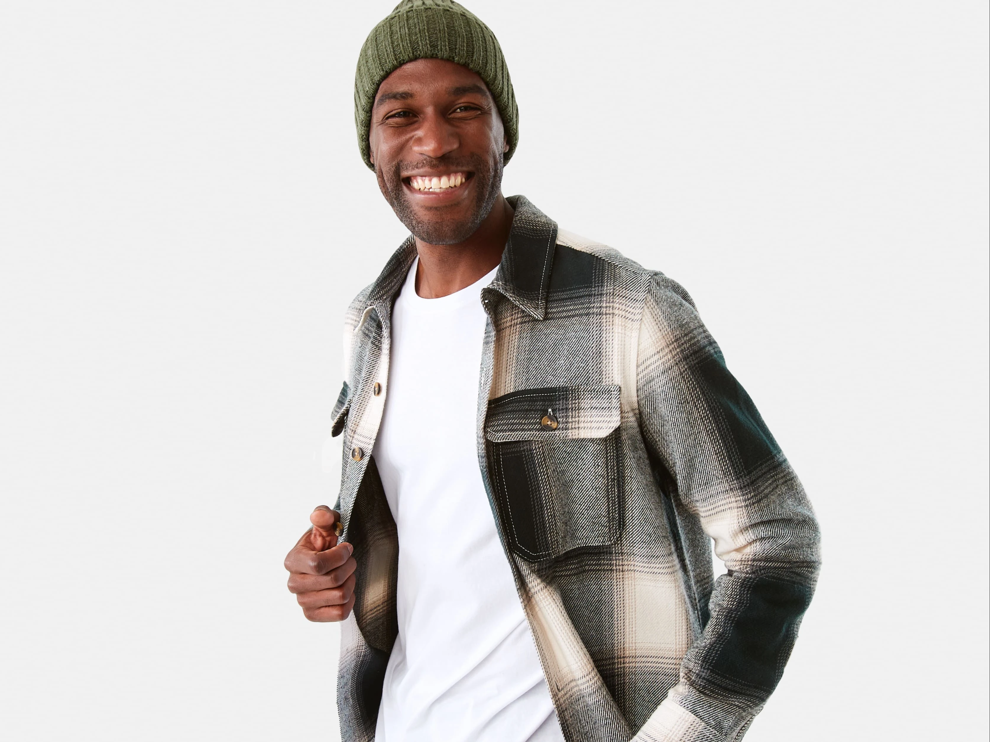 a man wearing Long Sleeve Check Overshirt with a be