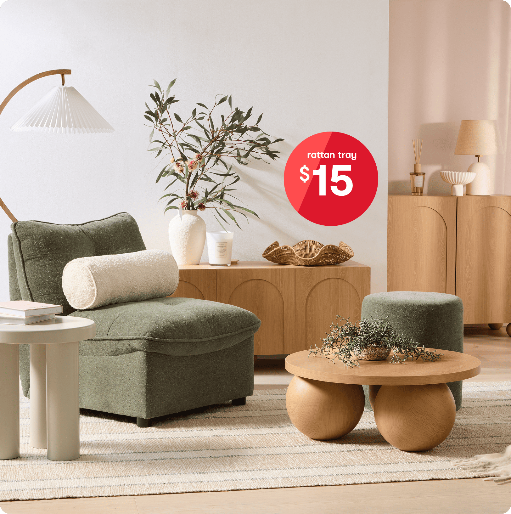 Living room set-up with $15 rattan tray